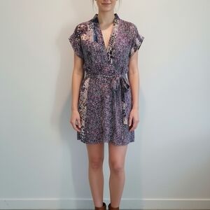 JUMA Mixed Print Short Sleeve Top Size 8 V-Neck Tie Waist Floral Abstract